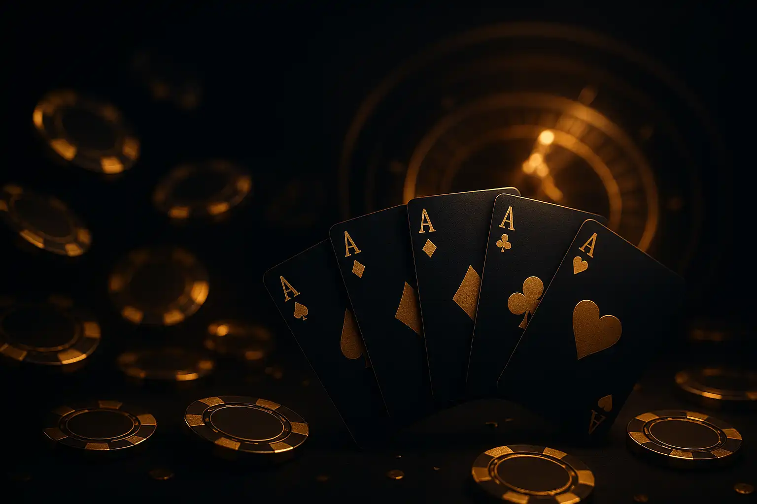 Golden casino chips and playing cards on a dark blue VIP table at BetHarbor Casino
