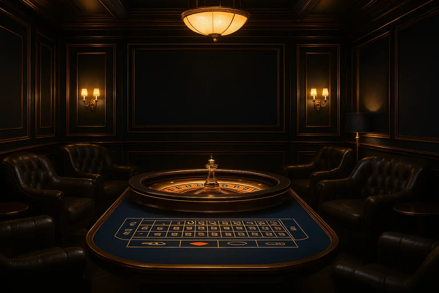 Elegant dark blue and gold casino lounge interior with a glowing roulette wheel