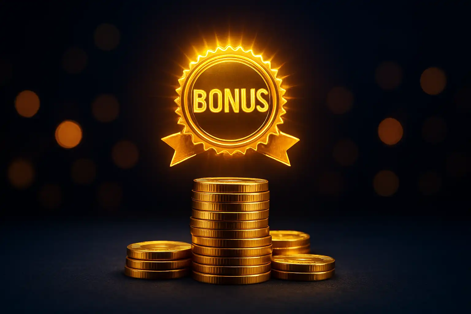 Stack of gold coins and a glowing bonus badge over a dark blue casino table