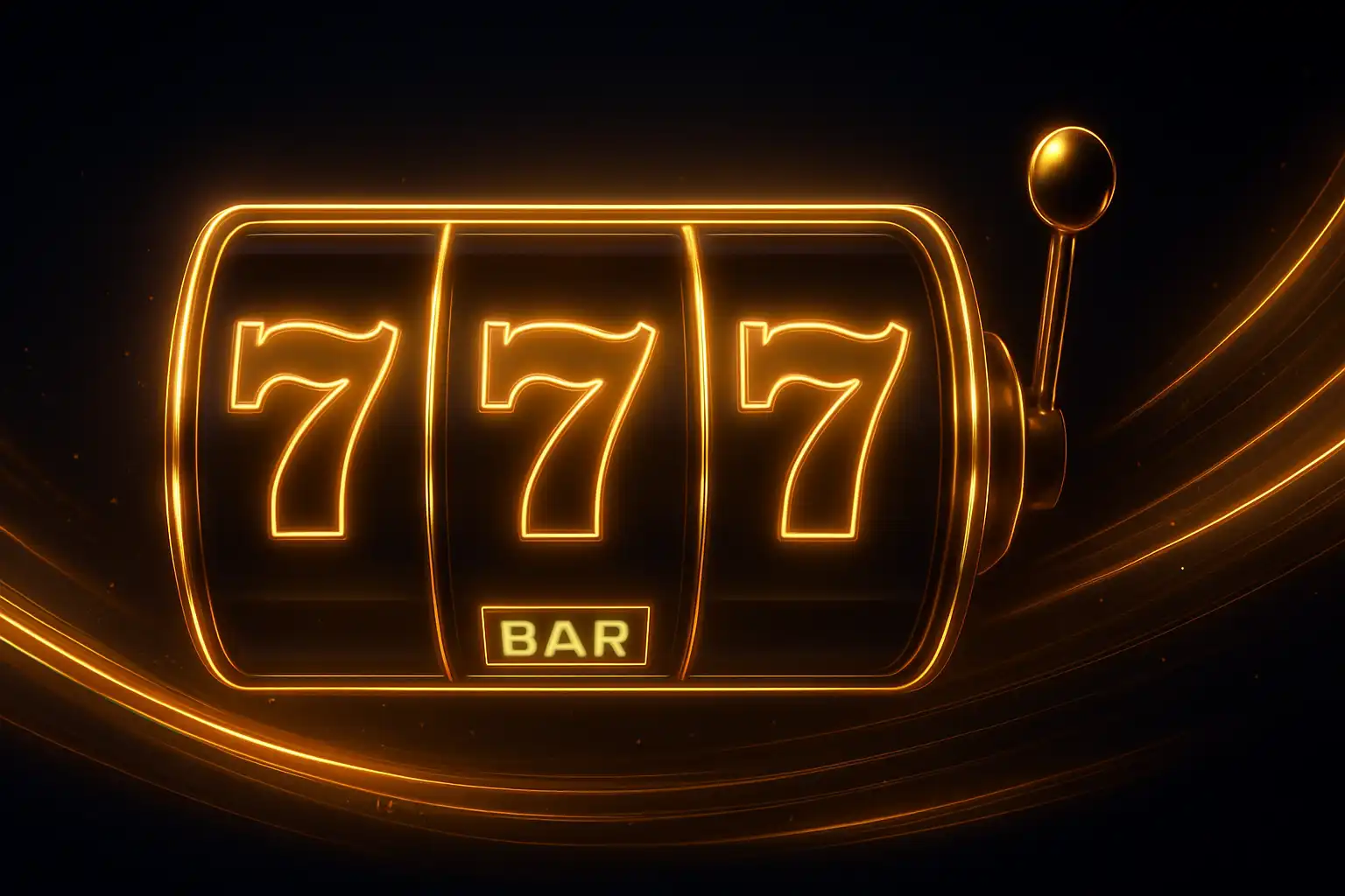 Neon-lit row of slot machine reels glowing gold against a dark blue casino backdrop